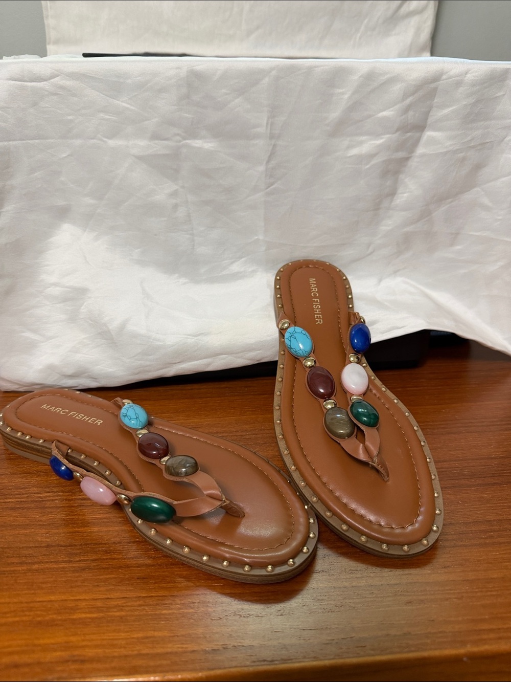 Marc Fisher Brown Leather Thong Sandals with Multicolor Gem Accents